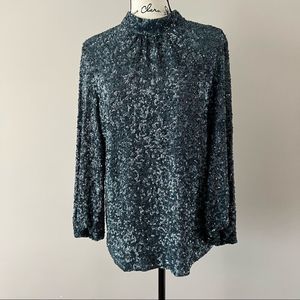 Lafayette 148 axton sequin long sleeve blouse ladies large blue storm